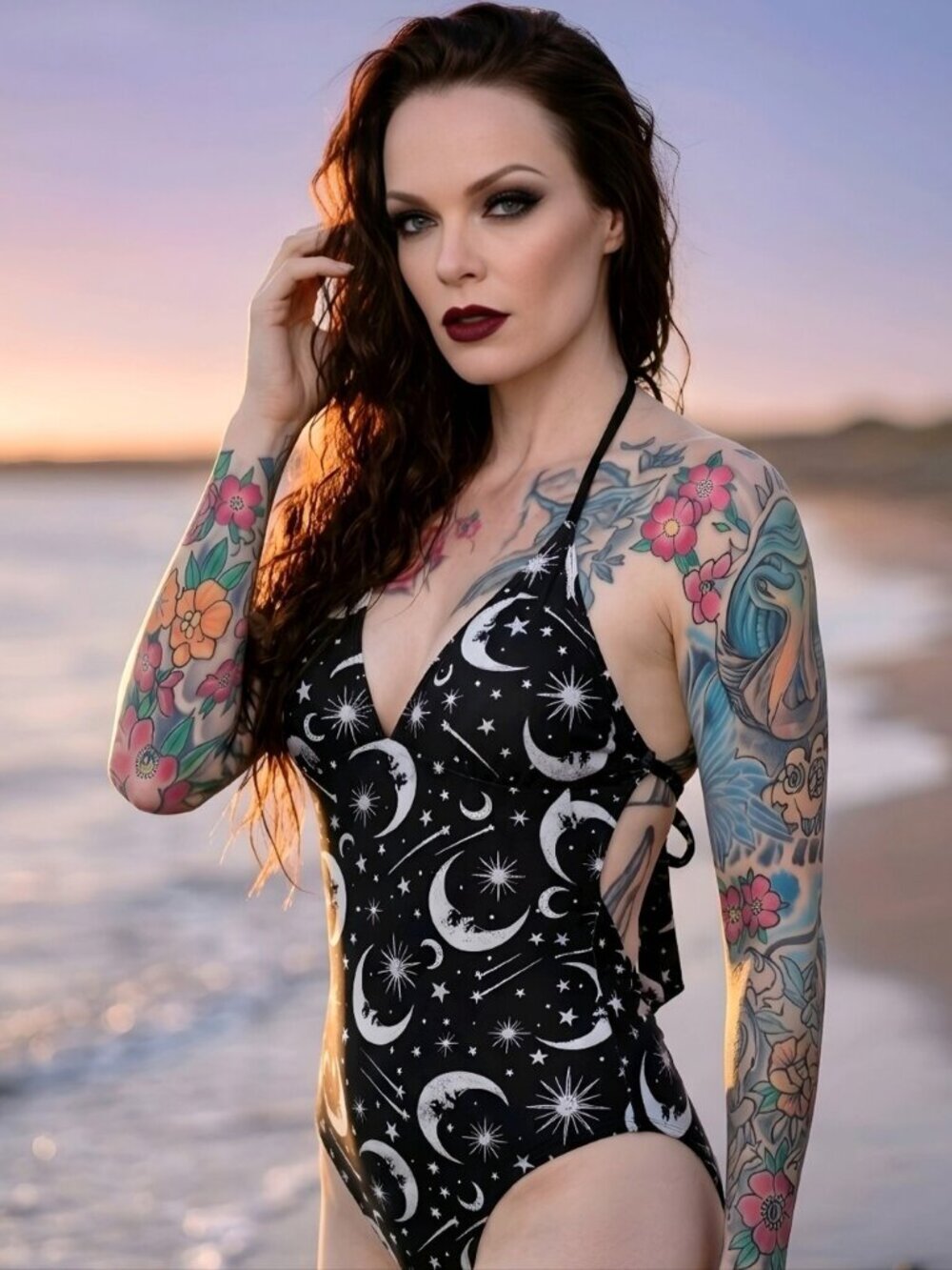 Killstar Under Stars Black White Moon Star Lace Up Cut Out One Piece Swimsuit XS